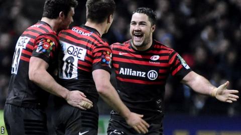 Saracens' Brad Barritt (right) congratulates Owen Farrell