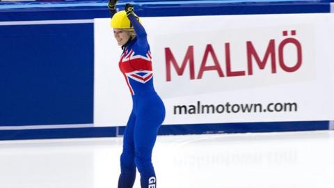 Elise Christie celebrates winning Gold in Malmo
