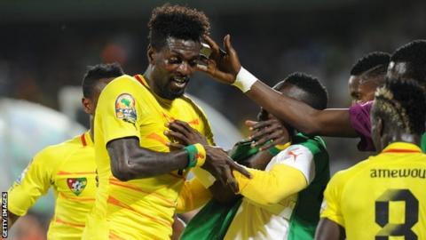 Togo's Emmanuel Adebayor celebrates with team-mates