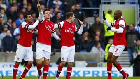 Arsenal striker Olivier Giroud (second from left) celebrates scoring