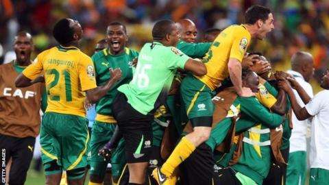 South Africa celebrate one of their goals against Morocco