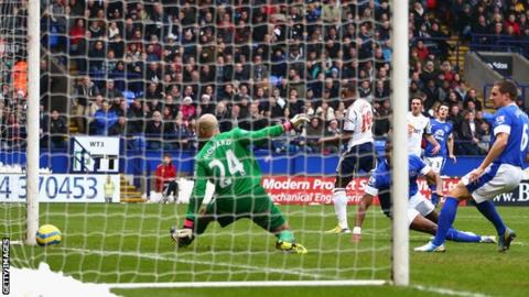 Bolton Wanderers striker Marvin Sordell scores against Everton