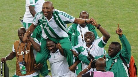 Nigeria coach Stephen Keshi celebrates his team's Nations Cup win