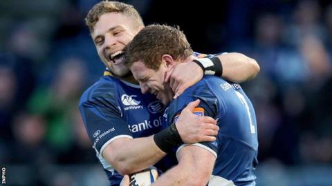 Ian Madigan congratulates Sean Cronin after the Leinster hooker scored a try in the win over Treviso