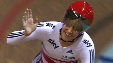 Great Britain's Dani King celebrates world team pursuit title