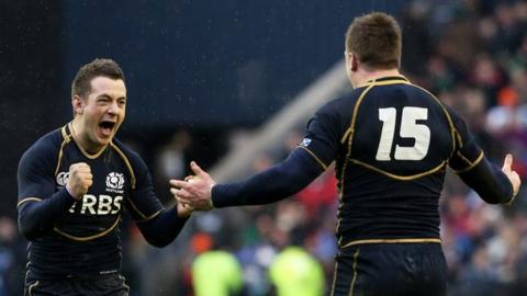 Greig Laidlaw celebrates Scotland's victory at Murrayfield