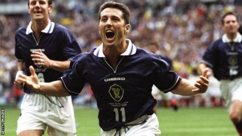 John Collins celebrates his goal for Scotland against Brazil at the 1998 World Cup