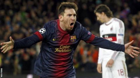 Barcelona forward Lionel Messi celebrates scoring against AC Milan