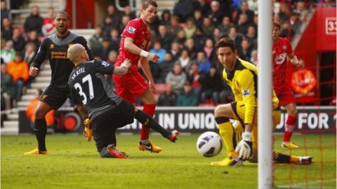 Southampton's Morgan Schneiderlin (centre) scores against Liverpool
