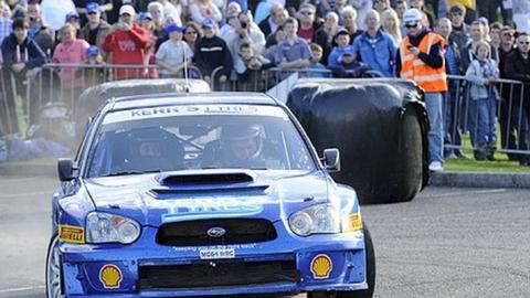 Derek McGarrity and co-driver James McKee in action during the Power Stage in Lisburn City Centre