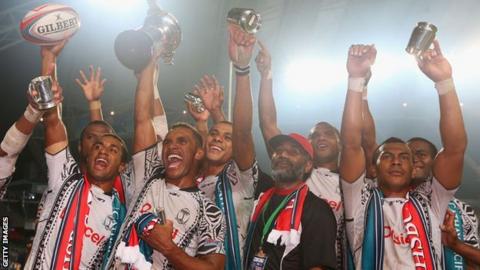 Fiji celebrate winning the Hong Kong sevens.