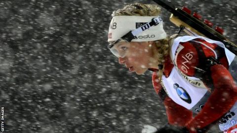 Norway's Tini Eckhoff competes in women 7.5 km Sprint during the World Cup Biathlon in Sochi