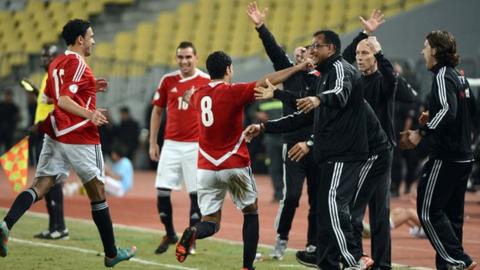 Egypt celebrate scoring against Zimbabwe
