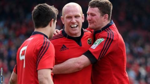 Conor Murray and Donncha Ryan celebrate with Paul O'Connell after Munster's win