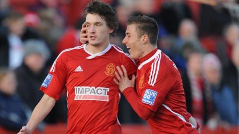 Alfreton scorers Paul Clayton and Dan Bradley celebrate