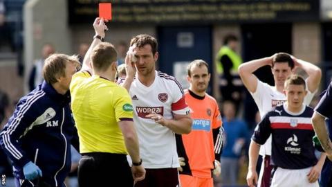 John Beaton shows Andy Webster a red card at Dens Park