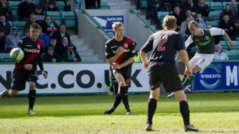Leigh Griffiths opens the scoring for Hibs