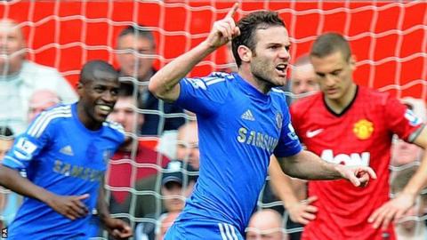 Chelsea playmaker Juan Mata celebrates after his side's goal at Manchester United