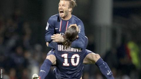 David Beckham and Zlatan Ibrahimovic celebrate PSG's title win
