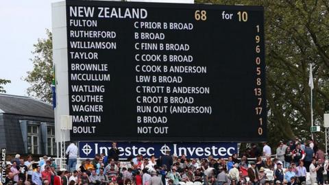 The Lord's scoreboard shows New Zealand dismissed for 68