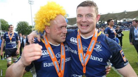 Brian O'Driscoll and Richardt Strauss celebrate after Leinster's Pro12 final victory