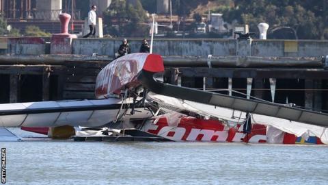 Catamaran Artemis capsized in San Francisco Bay