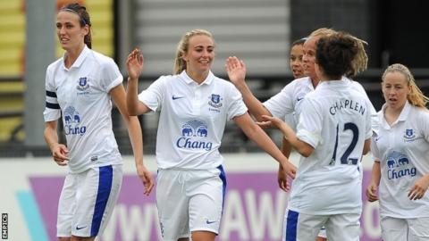 Toni Duggan (second left) is congratulated by her team-mates after scoring for Everton