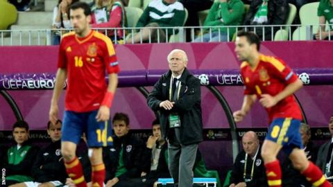 Giovanni Trapattoni watches his team during last year's Euro 2012 hammering by Spain