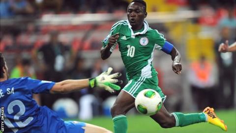 Abdul Ajagun of Nigeria scores for Nigeria against Portugal