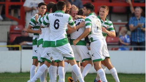 TNS celebrate Ryan Fraughan's opener at the Racecourse