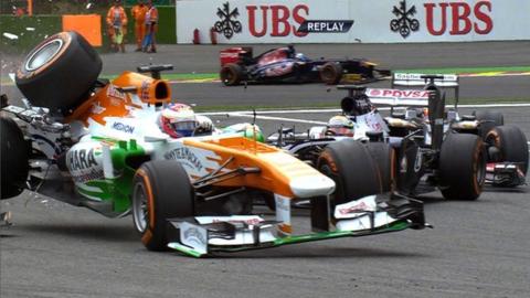 Paul Di Resta crashes out at Spa-Francorchamps.