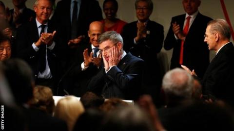 Thomas Bach in congratulated by IOC members