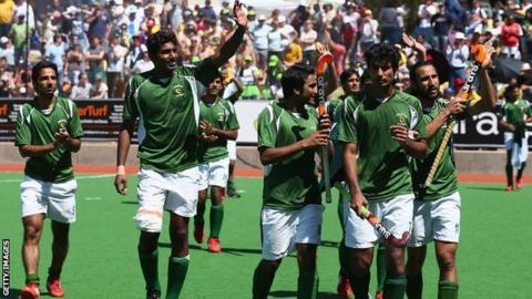 Pakistan players celebrate after defeating India at the 2012 Champions Trophy in Melbourne