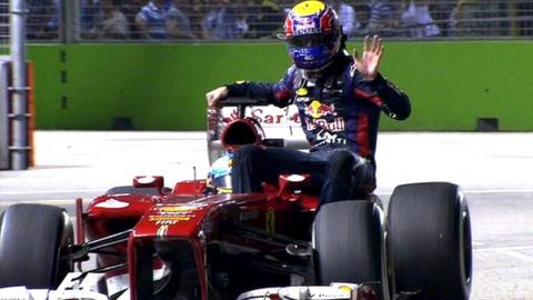 Mark Webber hitches a lift with Fernando Alonso