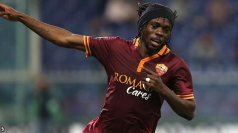 AS Roma forward Kouassi Gervais Yao Gervinho, of Ivory Coast, celebrates after scoring during a Serie A soccer match again Sampdoria