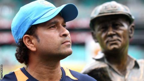Sachin Tendulkar before his final ODI in Australia in 2012, a bust of Sir Donald Bradman in the background