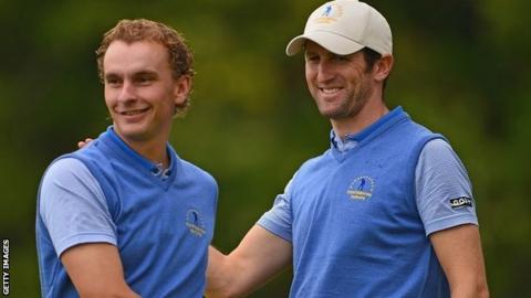 Joost Luiten and Gregory Bourdy celebrate