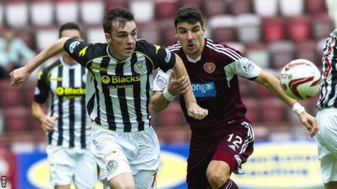 Sean Kelly races against Hearts striker Callum Paterson to reach the ball