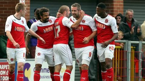 Jon Parkin celebrates his equaliser for Fleetwood against Chesterfield