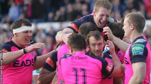 Cardiff Blues lock Bradley Davies leads their celebrations