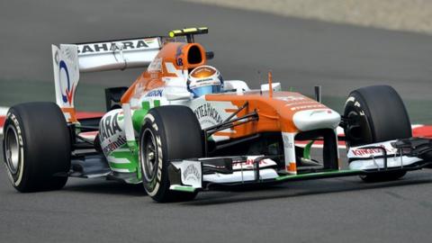 Force India's Adrian Sutil drives in first practice at the Buddh International Circuit