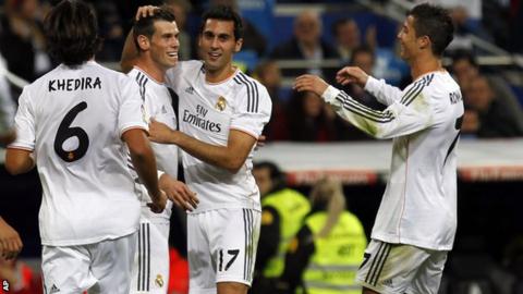 Gareth Bale celebrates with Real Madrid team mates