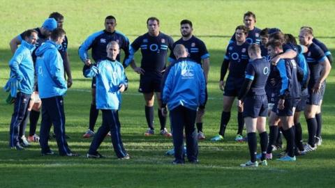 England coach Stuart Lancaster leads training
