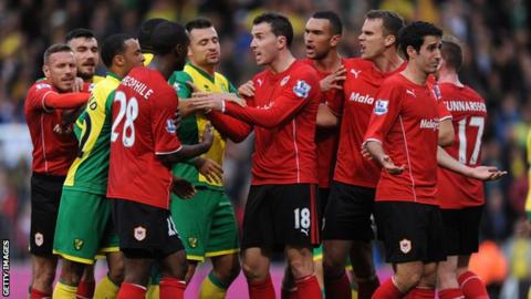 Norwich City and Cardiff City scuffle at the end of their Premier League game