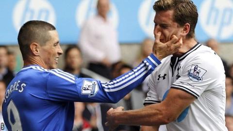 Chelsea's Fernando Torres clashes with Jan Vertonghen of Tottenham