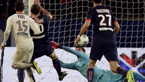 Paris St-Germain striker Zlatan Ibrahimovic scores against Nice