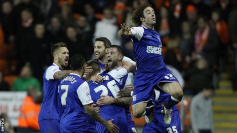 Ipswich Town celebrate the winning goal against Blackpool