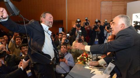 Marwan Benani, president of Moroccan football club MAS, tries to hit Omar Ghaylan, president of the general assembly of the Moroccan Football Royal Federation at elections on 10 November.