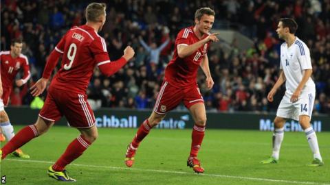 Andy King celebrates giving Wales the lead against Finland