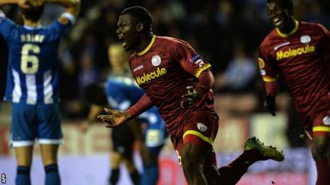 Zulte Waregem's Junior Malanda celebrates his winning goal against Wigan in the Europa League